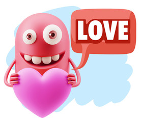 3d Rendering. Emoji in love holding heart shape saying Love with