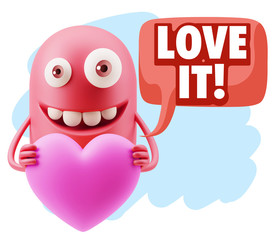3d Rendering. Emoji in love holding heart shape saying Love It w