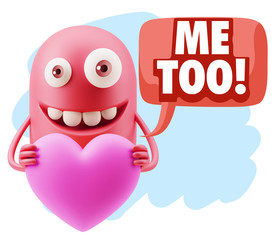 3d Rendering. Emoji in love holding heart shape saying Me Too wi