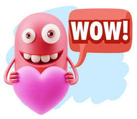 3d Rendering. Emoji in love holding heart shape saying Wow with