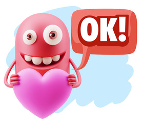 Obraz premium 3d Rendering. Emoji in love holding heart shape saying Ok with C