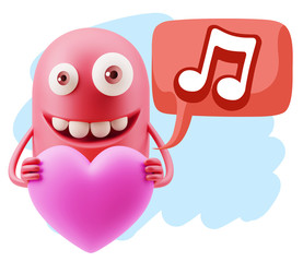 3d Rendering. Emoji in love holding heart shape saying Music Sym