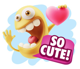 3d Rendering. Emoji in love holding heart shape saying So Cute w