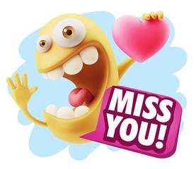 3d Rendering. Emoji in love holding heart shape saying Miss You