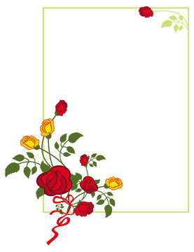 Vertical frame with red and yellow roses. Vector clip art.