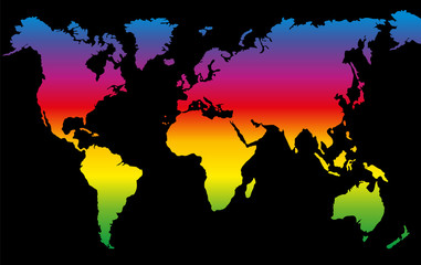 Rainbow colored world map on black background.