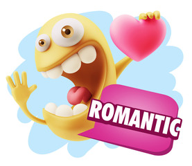 3d Rendering. Emoji in love holding heart shape saying Romantic