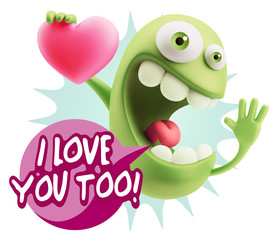 3d Rendering. Emoji in love holding heart shape saying I Love Yo