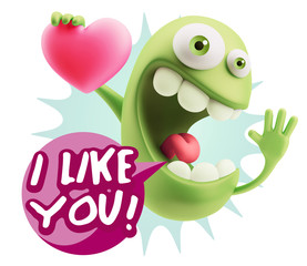 3d Rendering. Emoji in love holding heart shape saying I Like Yo