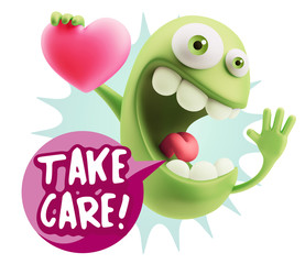 3d Rendering. Emoji in love holding heart shape saying Take Care