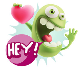 3d Rendering. Emoji in love holding heart shape saying Hey with