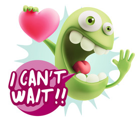 3d Rendering. Emoji in love holding heart shape saying I Can't W