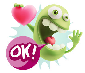 3d Rendering. Emoji in love holding heart shape saying Ok with C