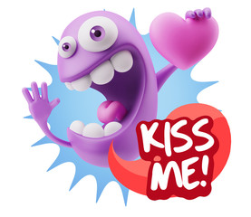 3d Rendering. Emoji in love holding heart shape saying Kiss Me w