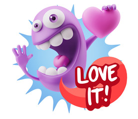 3d Rendering. Emoji in love holding heart shape saying Love It w