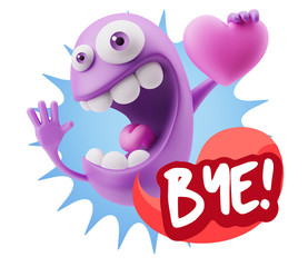 3d Rendering. Emoji in love holding heart shape saying Bye with