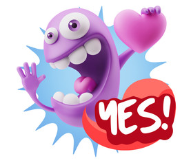 3d Rendering. Emoji in love holding heart shape saying Yes with