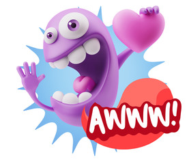 3d Rendering. Emoji in love holding heart shape saying Awww with