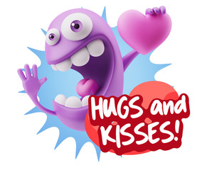 3d Rendering. Emoji in love holding heart shape saying Hugs And