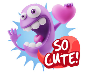 3d Rendering. Emoji in love holding heart shape saying So Cute w