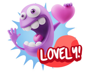 3d Rendering. Emoji in love holding heart shape saying Lovely wi