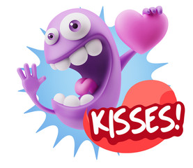 3d Rendering. Emoji in love holding heart shape saying Kisses wi