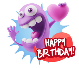 3d Rendering. Emoji in love holding heart shape saying Happy Bir