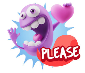3d Rendering. Emoji in love holding heart shape saying Please wi