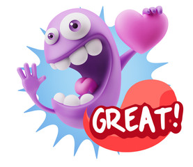 3d Rendering. Emoji in love holding heart shape saying Great wit