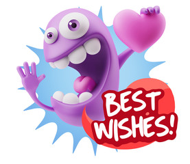 3d Rendering. Emoji in love holding heart shape saying Best Wish