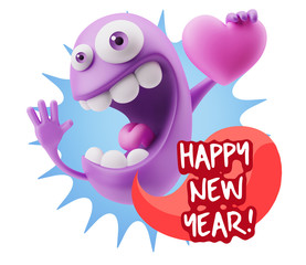 3d Rendering. Emoji in love holding heart shape saying Happy New