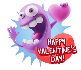 3d Rendering. Emoji in love holding heart shape saying Happy Val