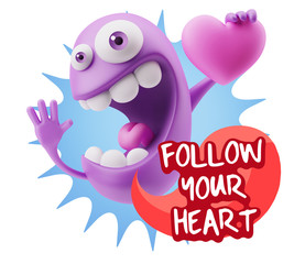 3d Rendering. Emoji in love holding heart shape saying Follow Yo
