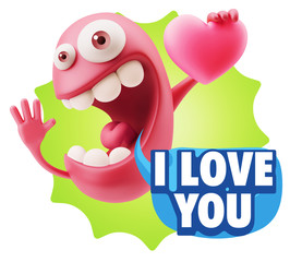 3d Rendering. Emoji in love holding heart shape saying I Love Yo