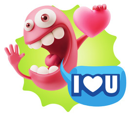 3d Rendering. Emoji in love holding heart shape saying I Love U