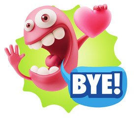 3d Rendering. Emoji in love holding heart shape saying Bye with