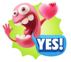 3d Rendering. Emoji in love holding heart shape saying Yes with