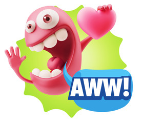 3d Rendering. Emoji in love holding heart shape saying Awww with