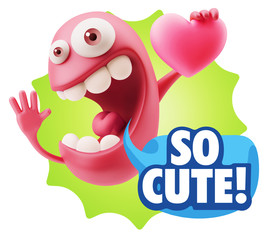 3d Rendering. Emoji in love holding heart shape saying So Cute w
