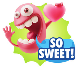 3d Rendering. Emoji in love holding heart shape saying So Sweet