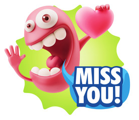 3d Rendering. Emoji in love holding heart shape saying Miss You