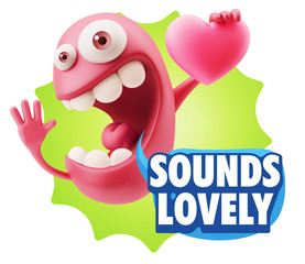 3d Rendering. Emoji in love holding heart shape saying Sounds Lo