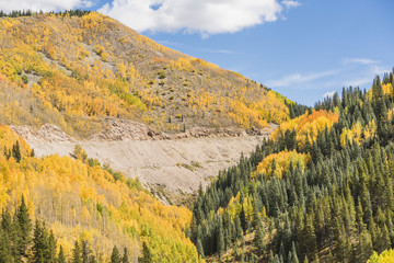 View on San Juan National Forest during golden fall with road in Colorado