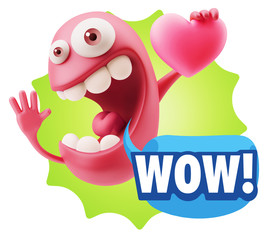 3d Rendering. Emoji in love holding heart shape saying Wow with
