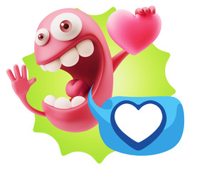 3d Rendering. Emoji in love holding heart shape saying Love with