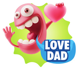 3d Rendering. Emoji in love holding heart shape saying Love Dad