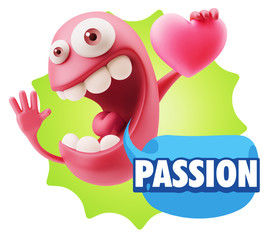 3d Rendering. Emoji in love holding heart shape saying Passion w