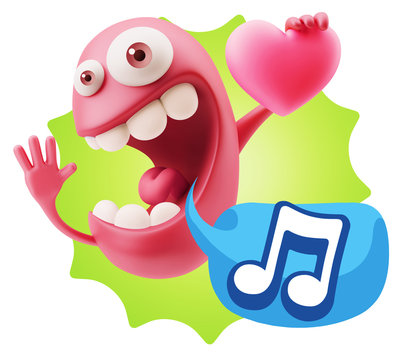 3d Rendering. Emoji in love holding heart shape saying Music Sym