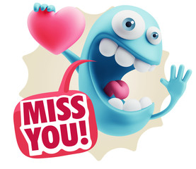 3d Rendering. Emoji in love holding heart shape saying Miss You
