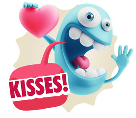 3d Rendering. Emoji in love holding heart shape saying Kisses wi